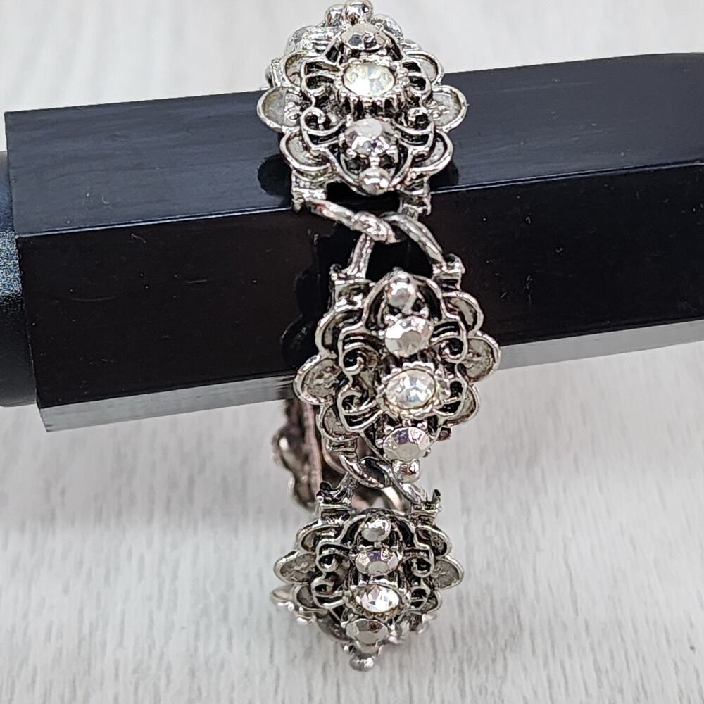 Vintage Silver Tone Floral Link Bracelet Clear Bead Chunky Jewel Art To Wear - Picture 2 of 10